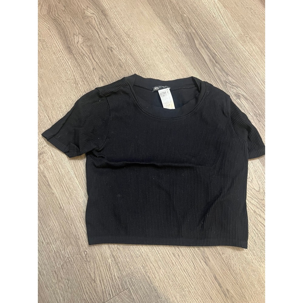 Zara Women Black Ribbed Knit Short Sleeve Crop Top Crew Neck Size Large